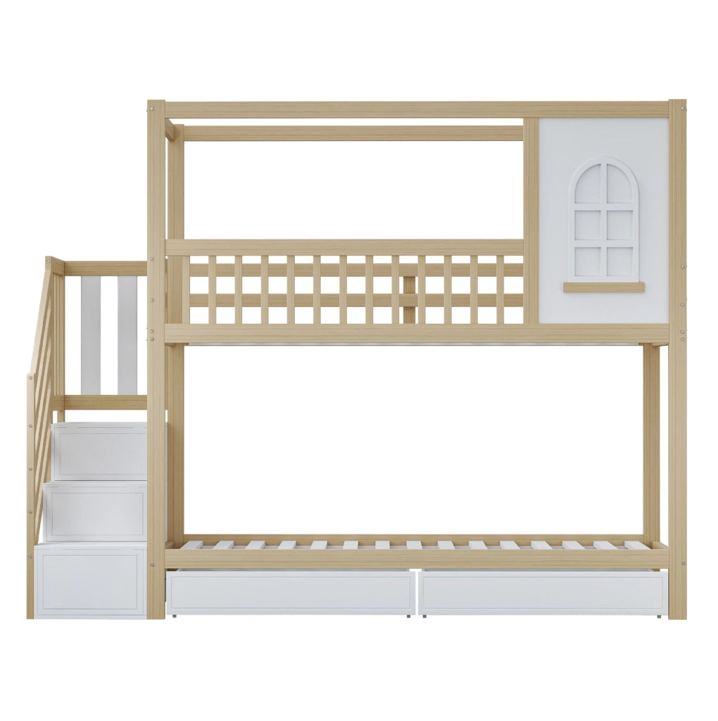 Letto a castello 90x200 cm con scala e cassetti; sponde di sicurezza in legno colore naturale