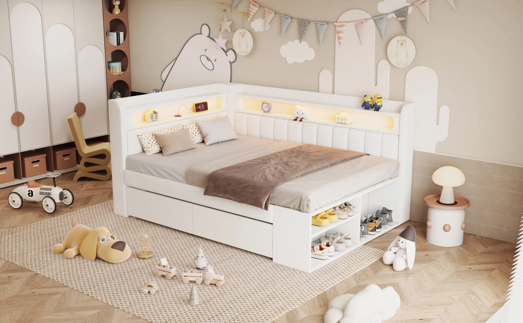 Divano letto imbottito con USB LED 7 colori armadietto portascarpe e 2 cassetti in MDF e tessuto bianco 90 × 200 cm