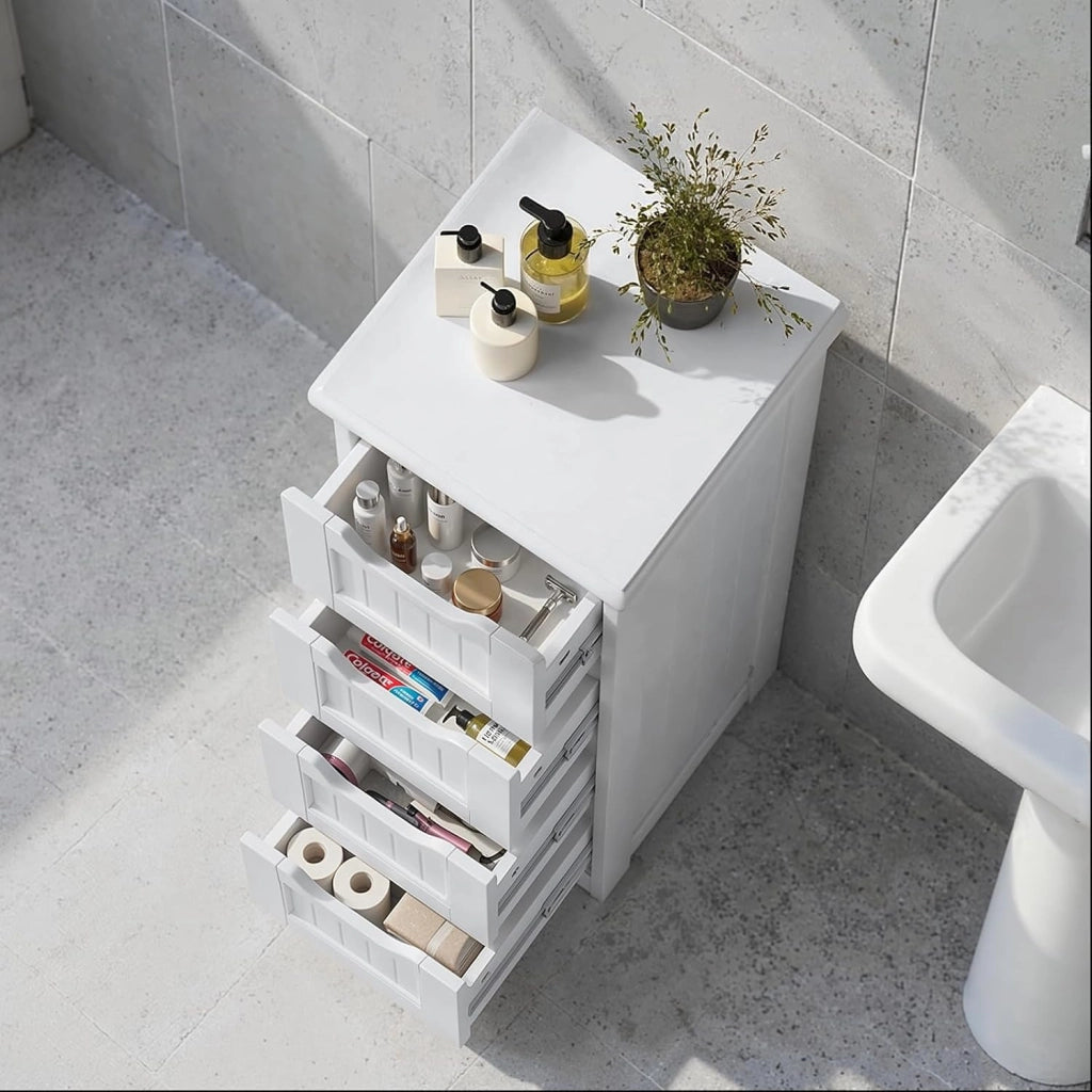 Mobile Bagno con 4 Cassetti,Armadio Bagno Stretto,Conservazione MDF Impermeabile,Mobile Laterale per Bagno,Camera da Letto,Ingresso,Cucina,30X30X85CM,Bianco