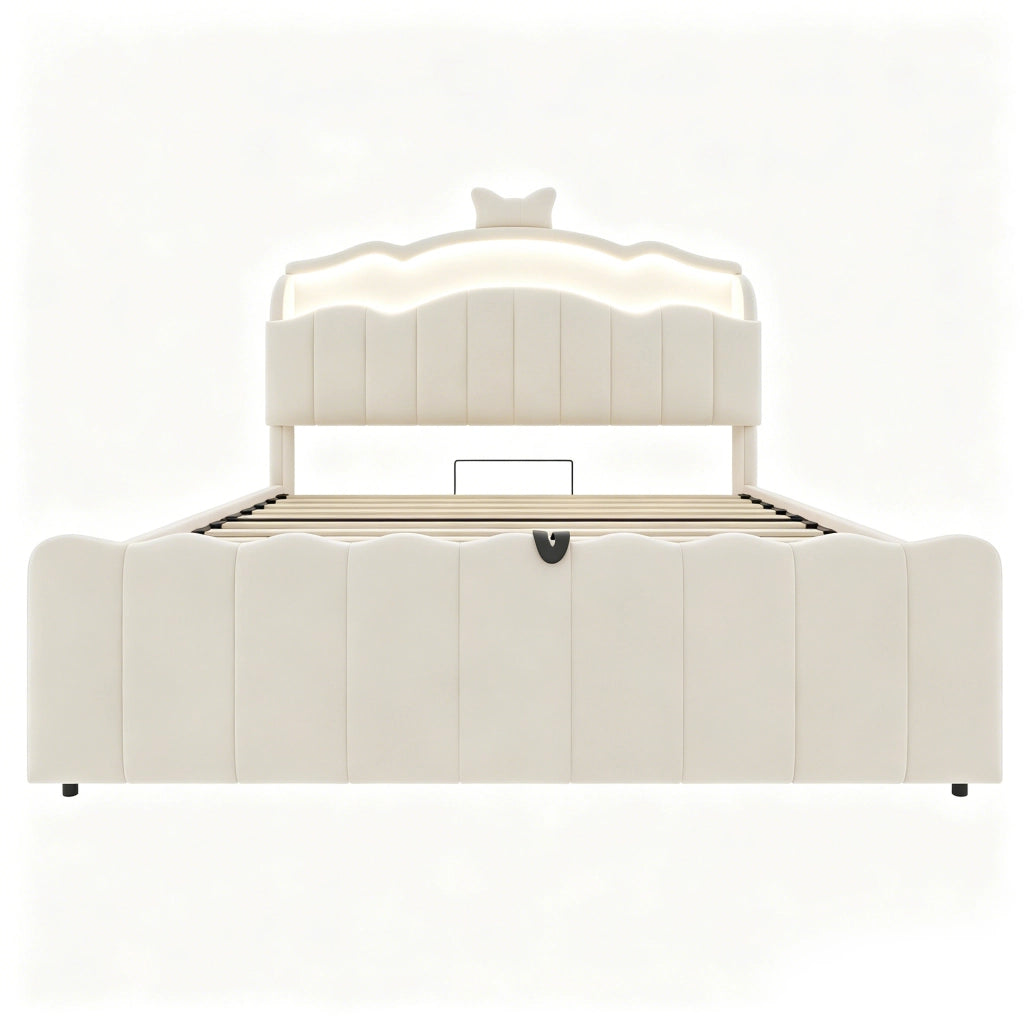 Letto imbottito per bambini 140 x 200 cm con contenitore idraulico; LED e prese USB; beige