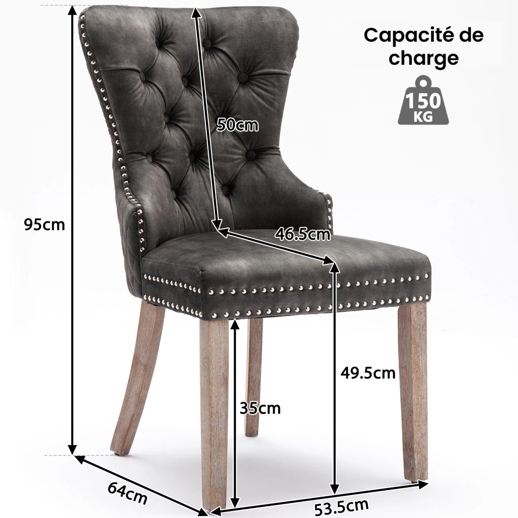 Sedia da pranzo imbottita con gambe regolabili, borchie decorative e anello posteriore, in velluto grigio