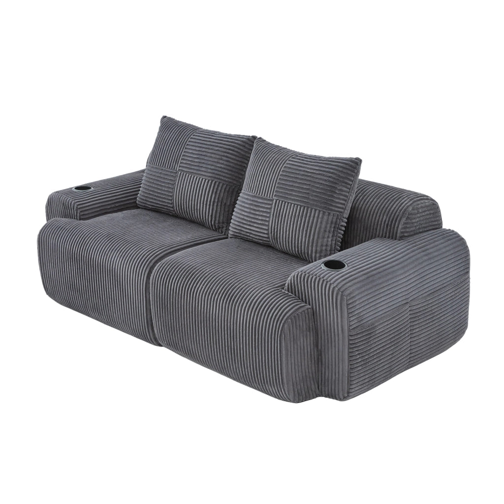 Divano modulare a 2 posti in corduroy grigio scuro; 200x99x80 cm con portabicchiere e tasca laterale