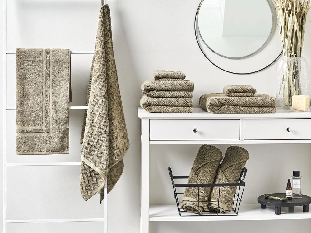 Set di 9 asciugamani in morbido cotone verde con motivo a spina di pesce stile varie dimensioni classico ospiti bagno