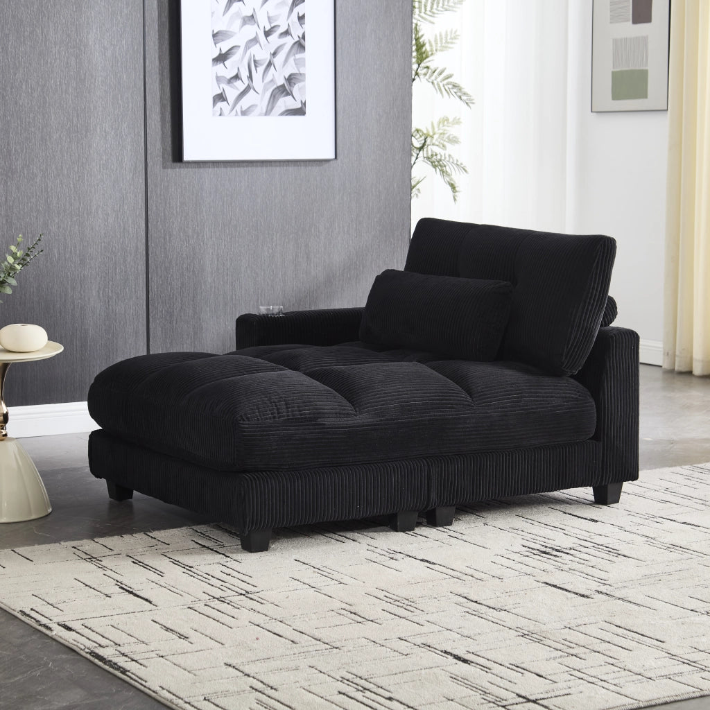 Divano modulare in corduroy nero 2 posti, trasformabile in 2 poltrone, con 2 cuscini, portabicchieri e USB