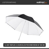 2in1 Ombrello Reflex a luce trasmessa bianco 109 cm - Ombrello riflettente e ombrello a luce trasmessa in uno, ideale per la fotografia di ritratto e l'illuminazione di grandi aree