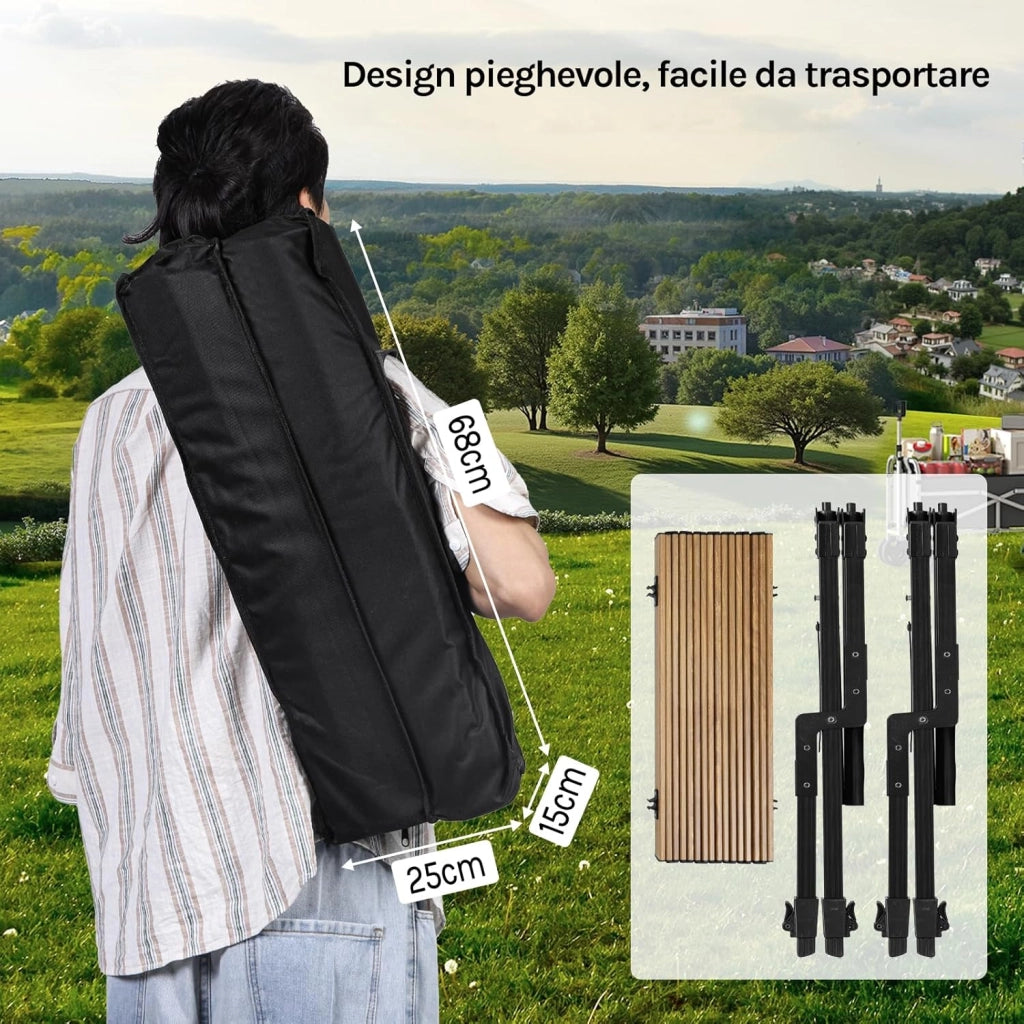 Tavolo da Campeggio Pieghevole Leggero, Tavolo da Esterno Portatile, Altezza Regolabile, Tavolo da Giardino con Piano Arrotolabile in Alluminio, Borsa Portaoggetti, Carico 50kg, Rovere Chiaro