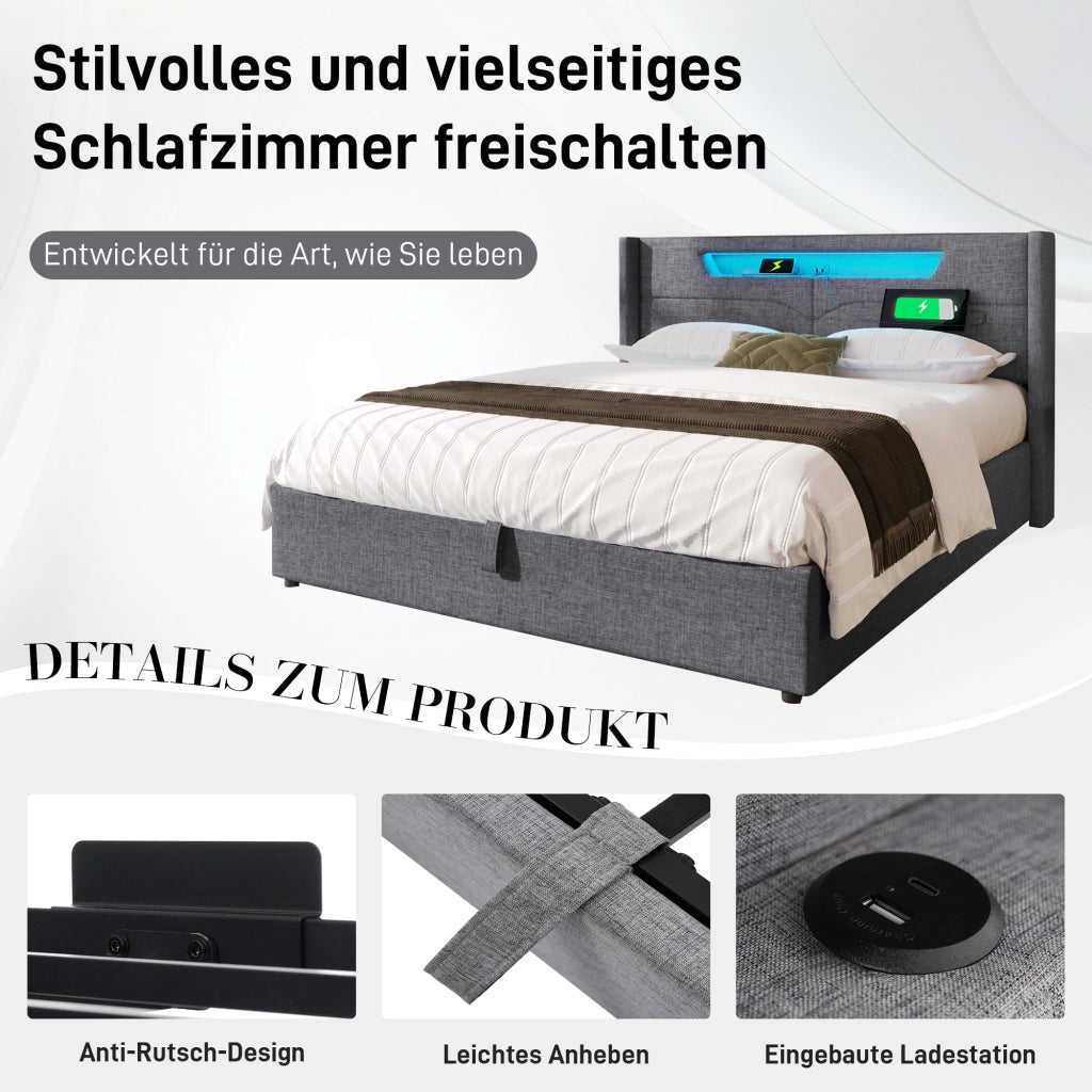 letto imbottito lino grigio 140x200 cm