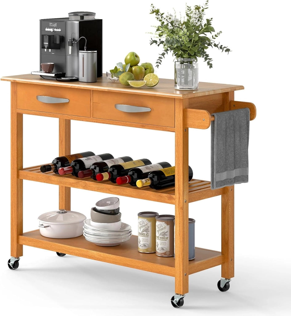 Carrello da Cucina con Ruote Multiuso, Mobile Cucina Salvaspazio in Legno, con 2 Cassetti e 2 Ripiani Aperti, Credenza per Sala da Pranzo, 116 x 43 x 89 cm (Bianco)