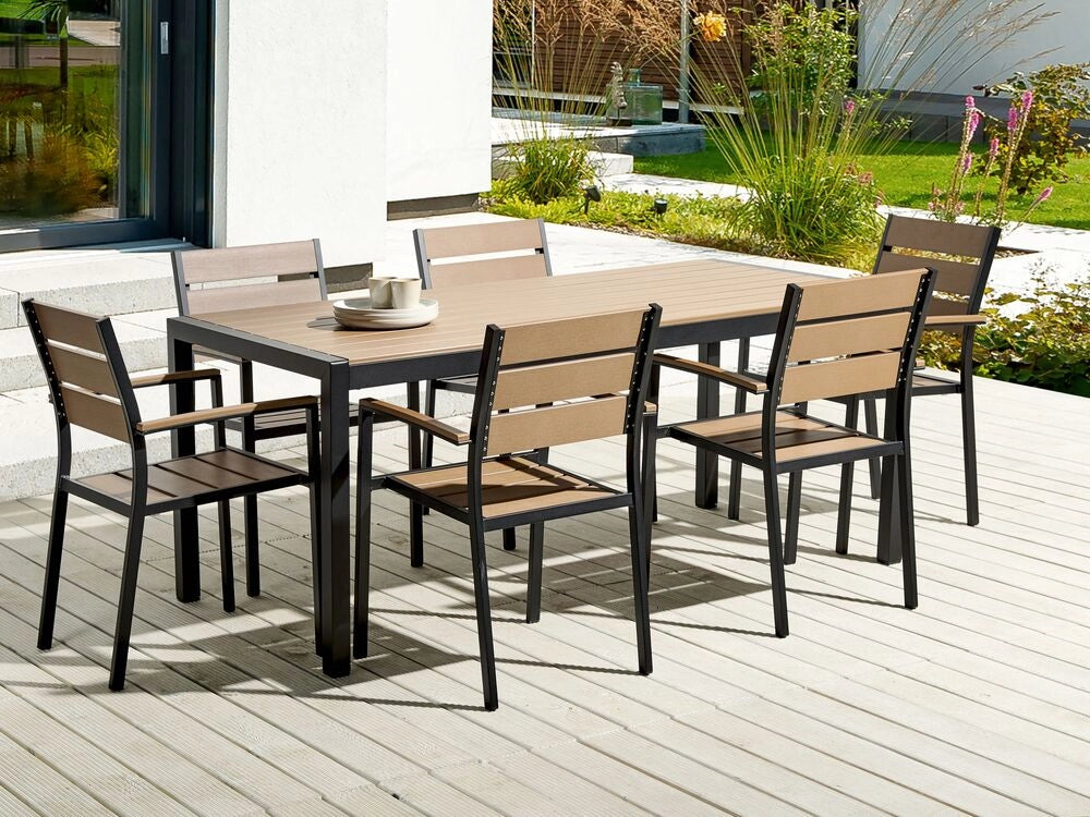 Set da Giardino 6 Sedie Tavolo Rettangolare Legno Chiaro e Nero in Alluminio Anodizzato
