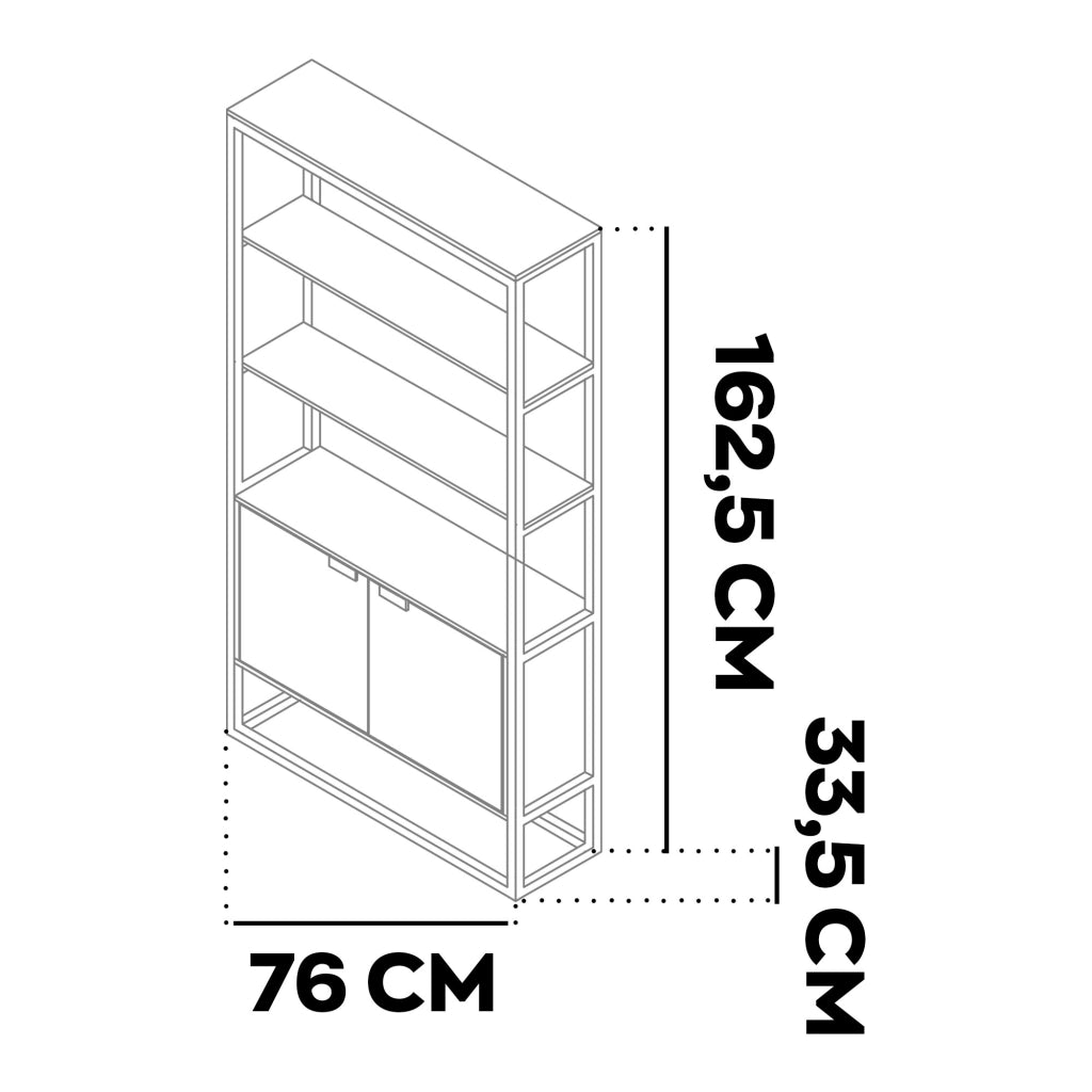 Edo - Scaffale Libreria a Muro 76x162,5x33,5 cm 3 Ripiani con Mobiletto 2 Ante in Legno Oak Struttura in Metallo Bianco