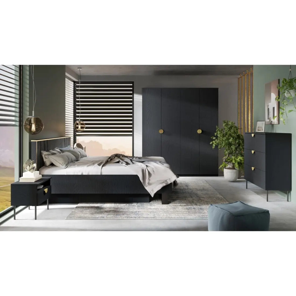 Camera completa MONDO – Nero strutturato e dorato – Letto 180x200 con doghe + Armadio + Cassettiera + 2 comodini