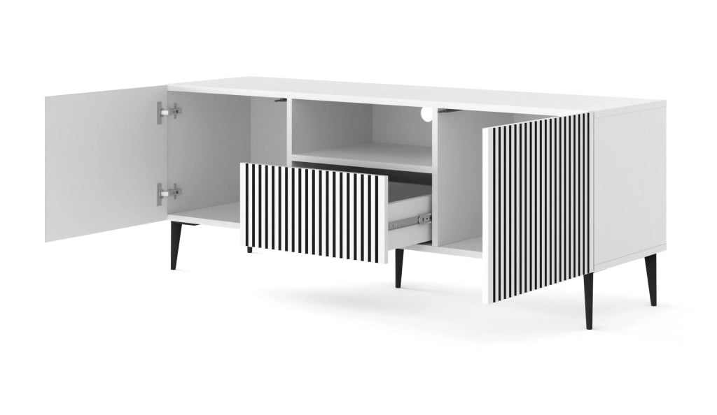 MOBILE RAVENNA FP PORTA TV IN MDF VERNICIATO 150 2D1S BIANCO NERO GAMBE IN METALLO NERO