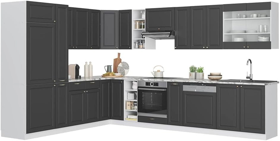 Cucina angolare completa Fame-Line, Bordeaux lucido/antracite, 347 x 60 cm, PT Antracite, per una progettazione flessibile della cucina e un'espansione modulare
