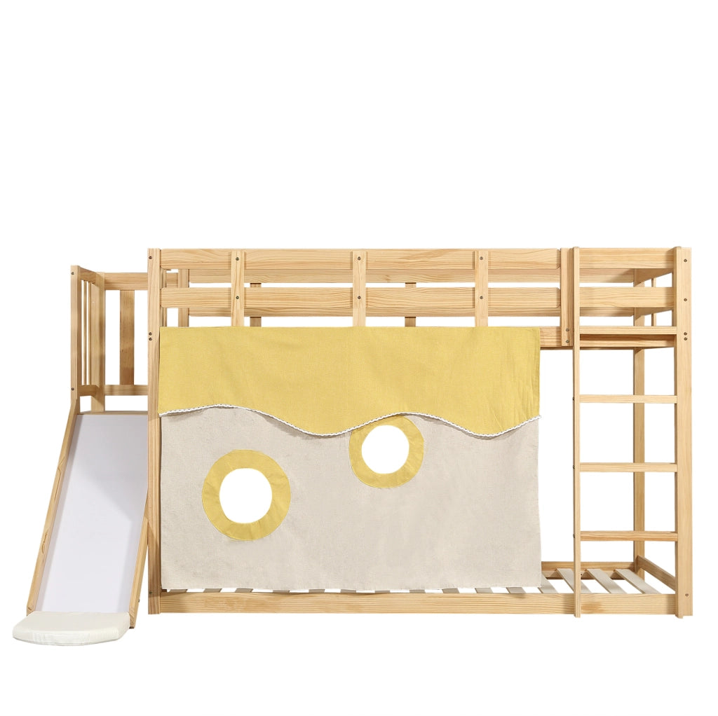 Letto a castello 90x200 cm con scivolo; tenda e scala in MDF e pino naturale