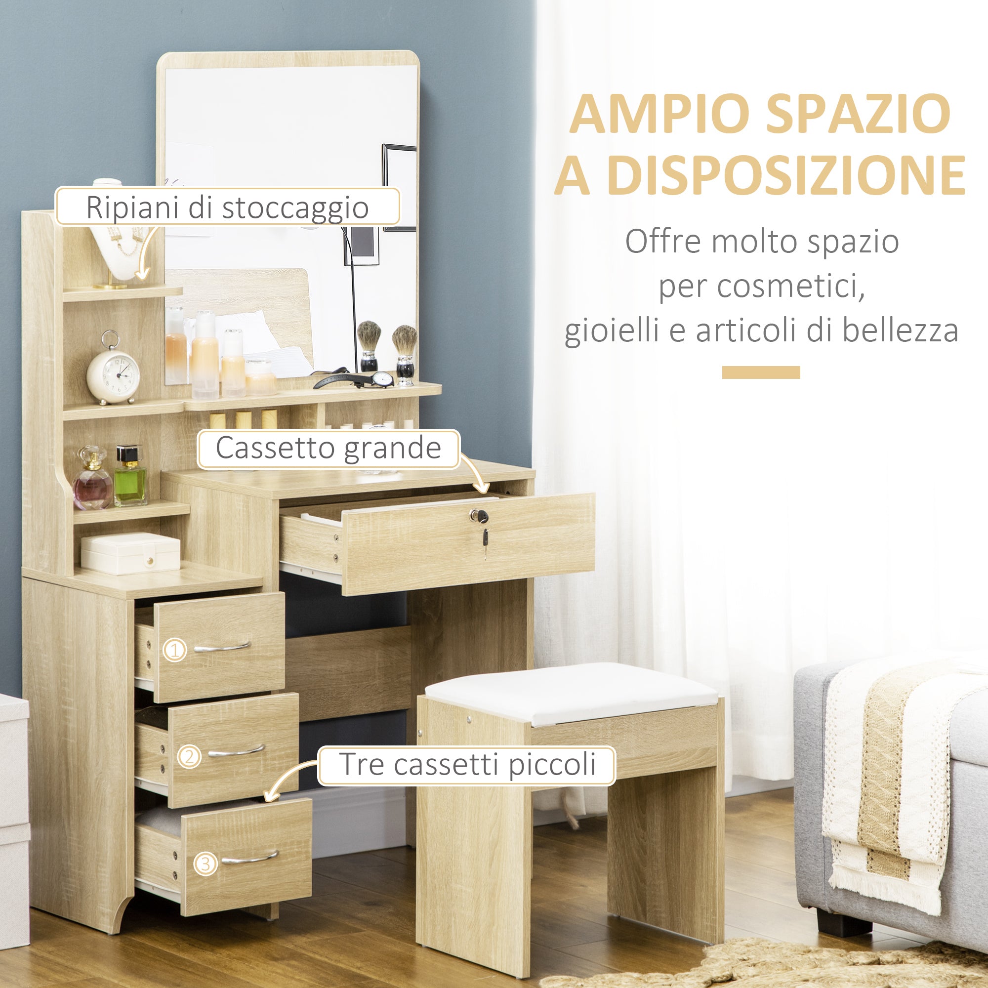 Consolle Trucco con Specchio 80x38x143 cm con Sgabello in Truciolare Color Legno