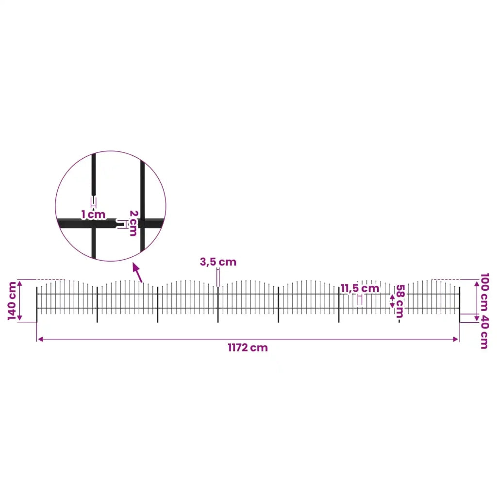 Recinzione da Giardino con Punta a Lancia in Acciaio 1172x100 cm Nero 277718
