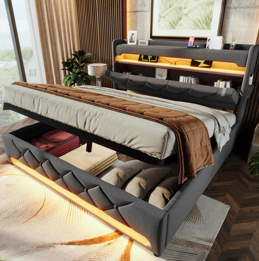 Letto matrimoniale 160x200 cm in lino grigio con contenitore; LED 360掳 e testiera con USB e Type C