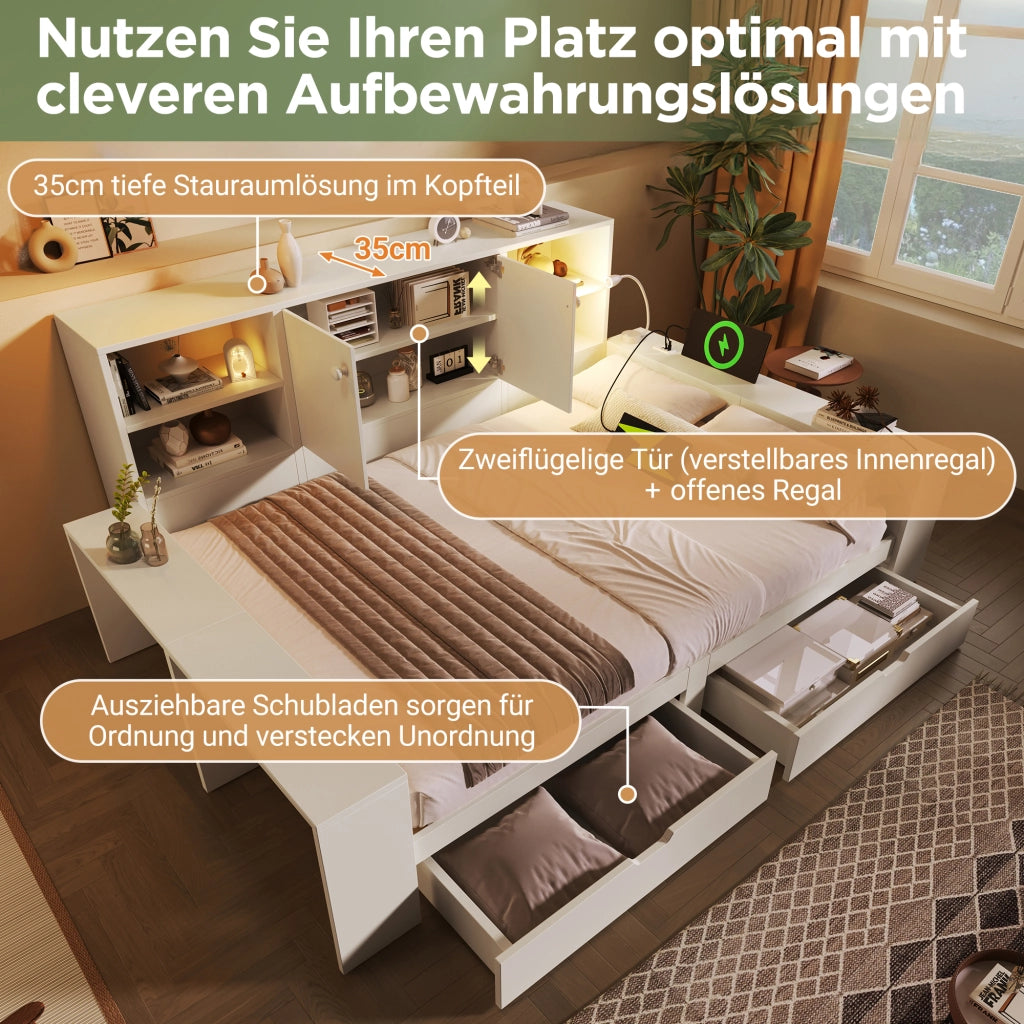 Letto contenitore 140 × 200 cm con 2 cassetti, USB e Type-C, luce da lettura, senza materasso, bianco
