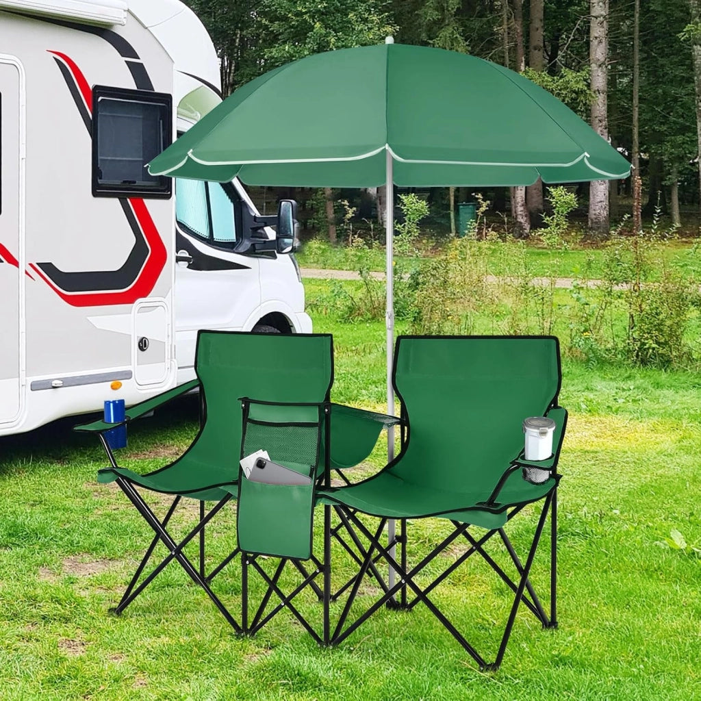 2 Sedie da Campeggio con Ombrellone, Pieghevole Doppia Sedia da Pesca con Portabicchieri e Borsa Frigo, Sedia Pieghevole per 2 Persone, 4 Colori (Verde)