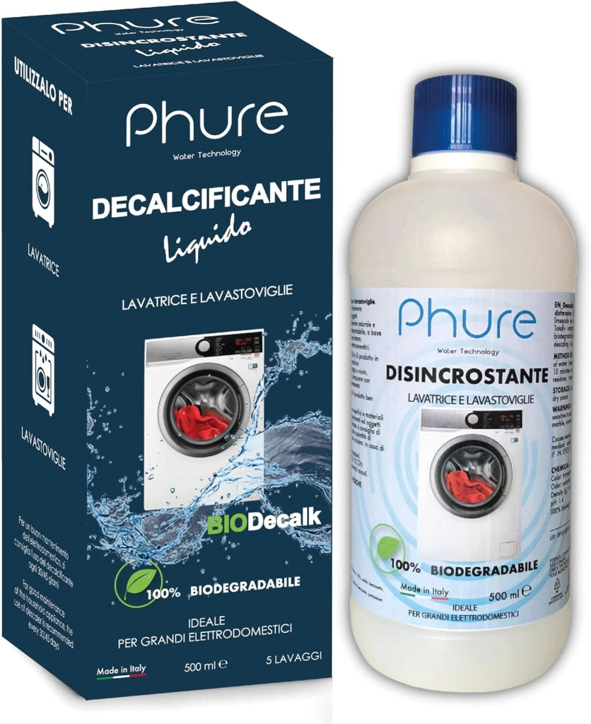 PHURE BIO DECALK Cura Lavatrice, Disincrostante, Decalcificante, Sgrassante e detergente universale per lavastoviglie e lavatrice naturale e biocompatibile 500ml