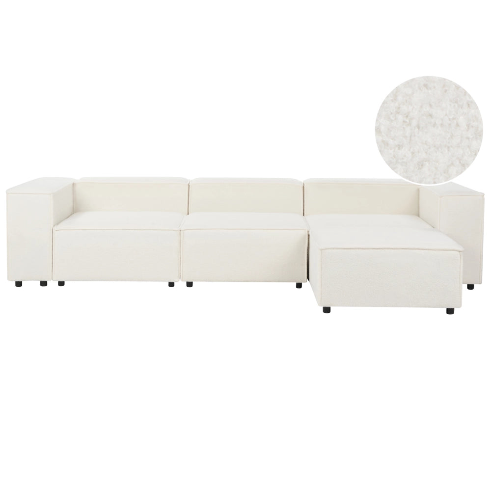 Divano moderno a 3 posti con ottomana Gambe nere Rivestimento in tessuto bouclè bianco Soggiorno moderno
