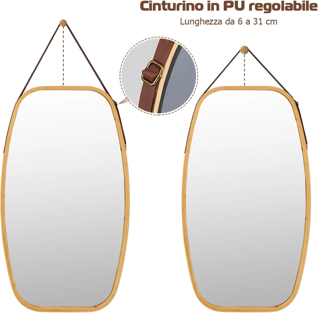 Specchio Ovale da Parete, Specchio Sospeso per Appendere, Cornice in Bambù, Moderno, per Bagno Camera da Letto Soggiorno (77 x 44 x 1,5 cm)