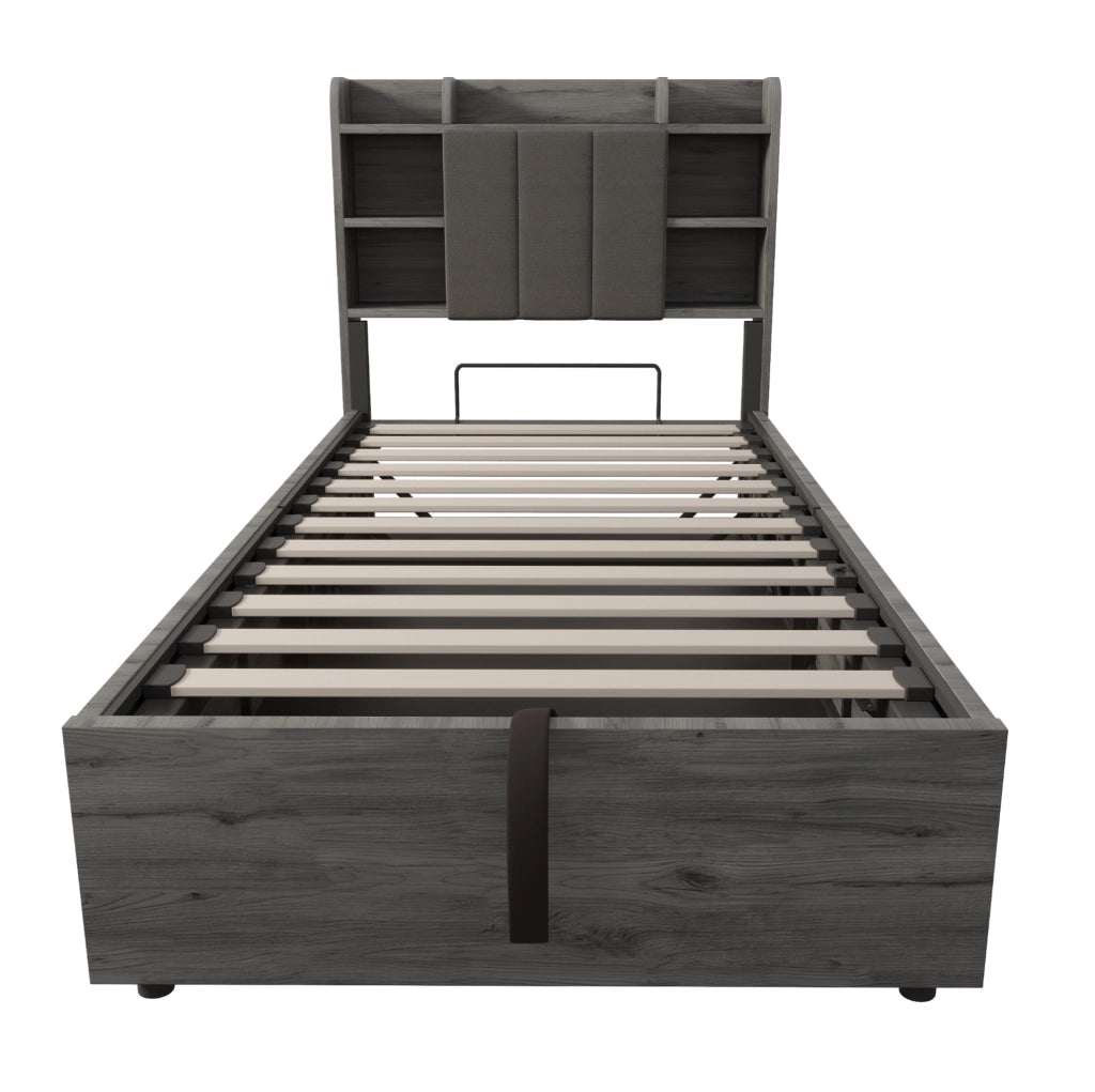 Letto 90x200 cm con contenitore idraulico; testiera con vani e presa USB e Tape-C in MDF grigio