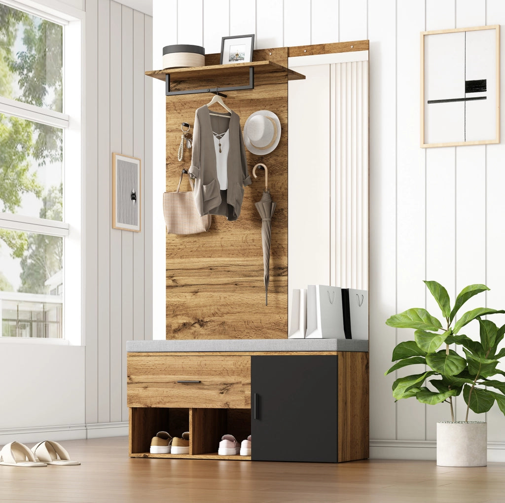 Garderoba ingresso 190 cm in effetto legno con specchio; panca imbottita e porta scarpe; colore rovere