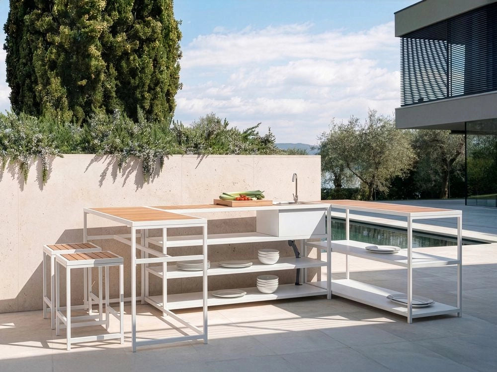 Set cucina da esterno con lavello 6 elementi acciaio bianco con tavolo bar a 2 posti cucina all'aperto stile moderno