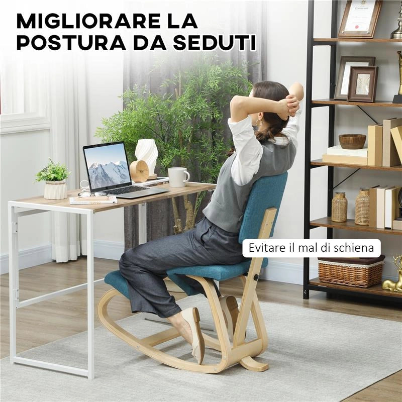 SEDIA INGINOCCHIATOIO DONDOLANTE IN TESSUTO EFFETTO LINO E LEGNO DI BETULLA, 51X84X93 CM, BLU SCURO