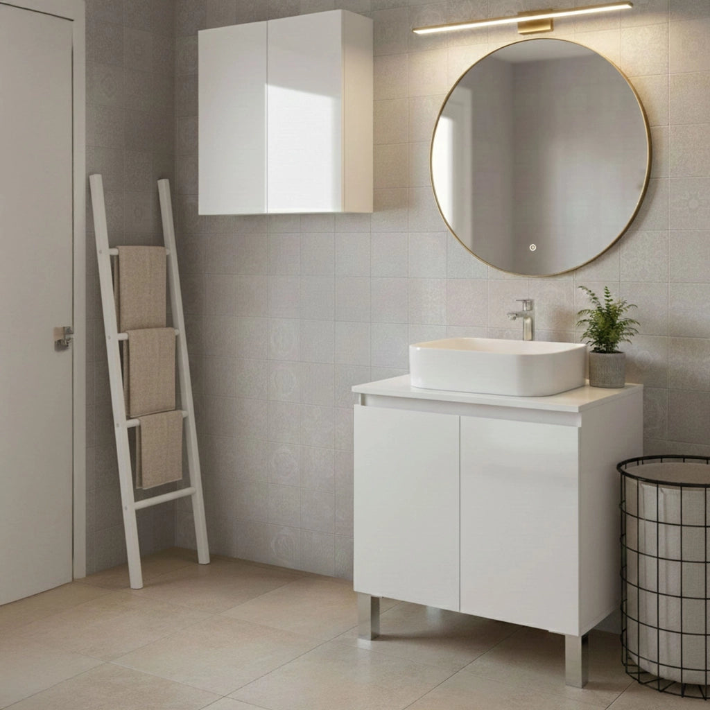 Gravina, set Mobili Bagno 3 Ripiani, Bianco Lucido