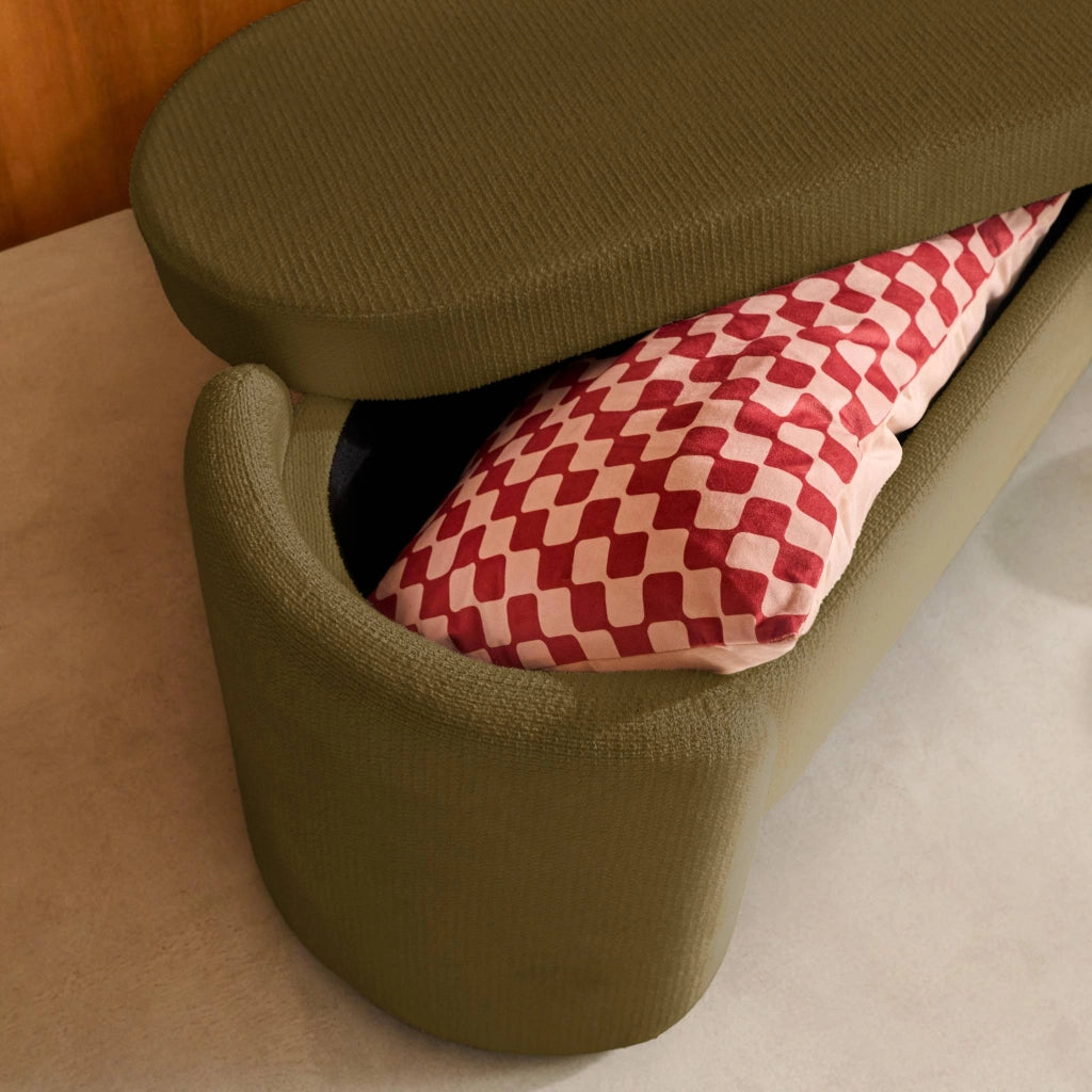 Panca contenitore, fondo letto contemporaneo in tessuto, verde kaki