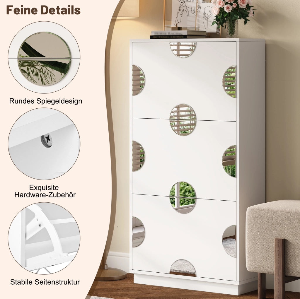 Scarpiera salvaspazio con 3 ribalte e specchio rotondo 63x24x120 cm in MDF bianco