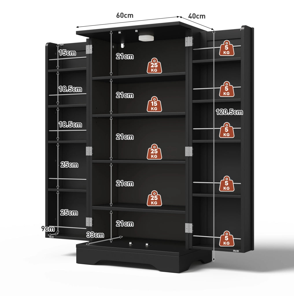 Credenza alta moderna 120 x 60 x 40 cm in MDF nero con illuminazione LED e ripiani regolabili