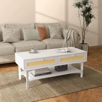 Tavolino da Caffè Boho con 2 Cassetti e Ripiano, in Rattan e Truciolato, 120x50x50 cm, Bianco e color Legno