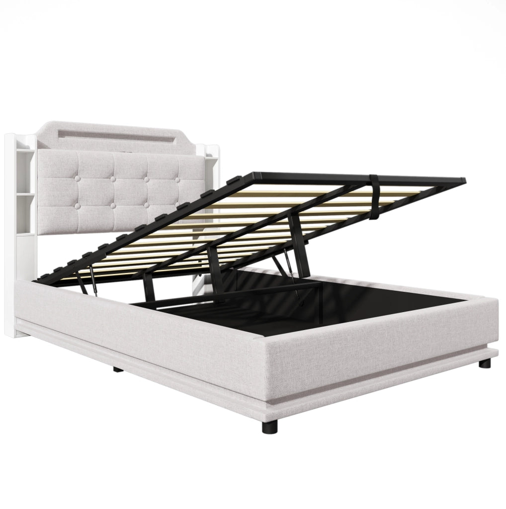 Letto matrimoniale imbottito 140x200 cm in lino beige con LED; contenitore idraulico e porte USB + Type-C