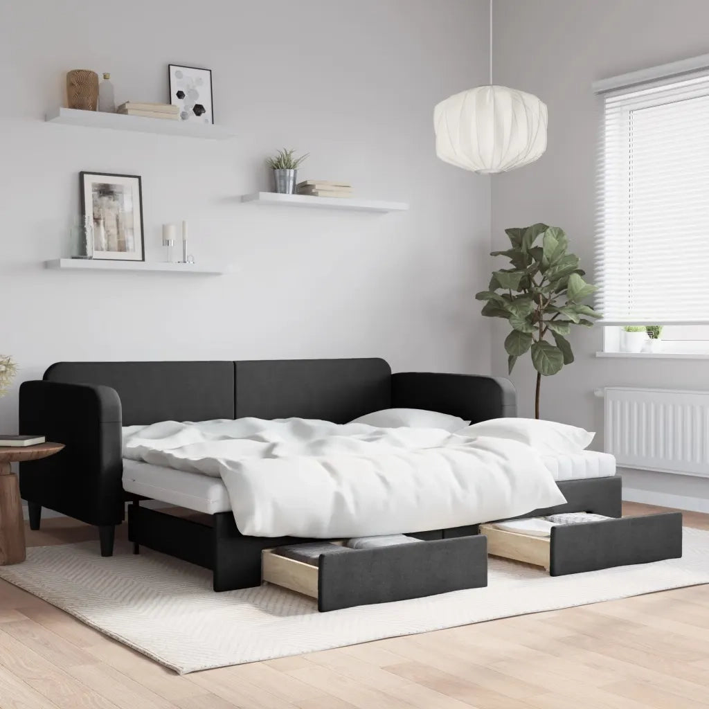 Divano Letto Estraibile con Cassetti Nero 90x200 cm in Tessuto