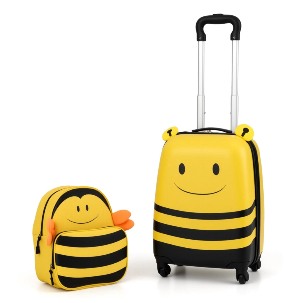 Valigia e zaino a forma di ape con corda anti-perdita asta retrattile da compagnia aerea, Set di 2 valigie per bambini con ruote Giallo