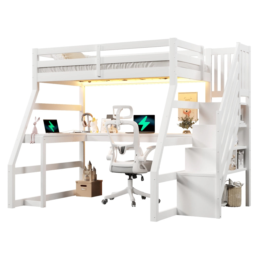 LETTO A CASTELLO 90x200 cm con scrivania, LED e scala con contenitore, bianco