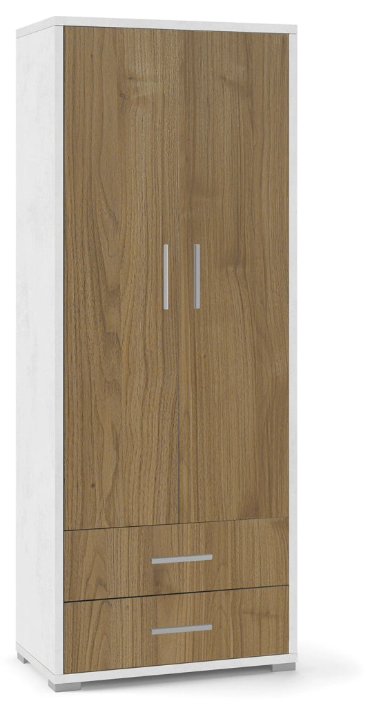 Armadio 2 Ante 2 Cassetti 71x182x41 cm Ossido Bianco/Noce Stelvio