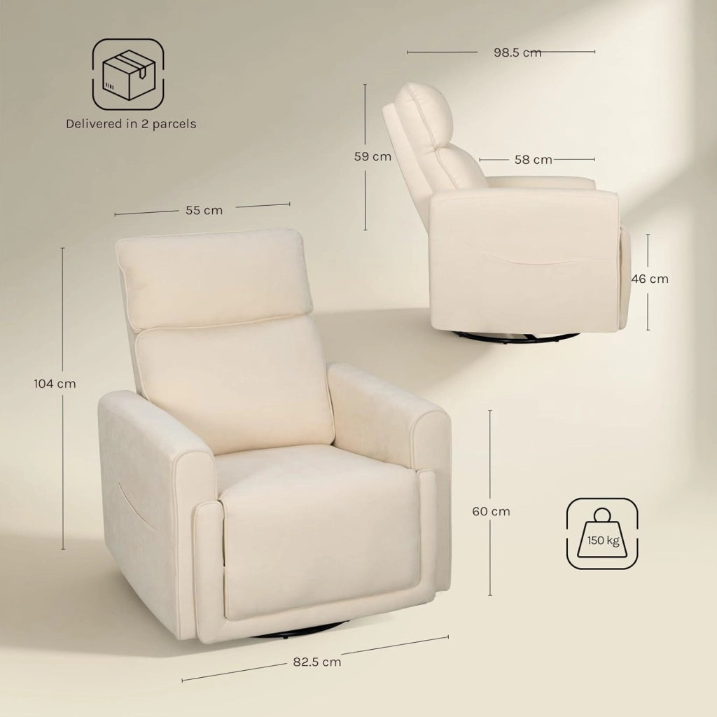 Poltrona Reclinabile Massaggiante con Funzione Riscaldamento, Sedia Ergonomica, Girevole e Oscillante, con Poggiatesta, Tasche Laterali e Porta USB, per Soggiorno, Camera da Letto, Beige