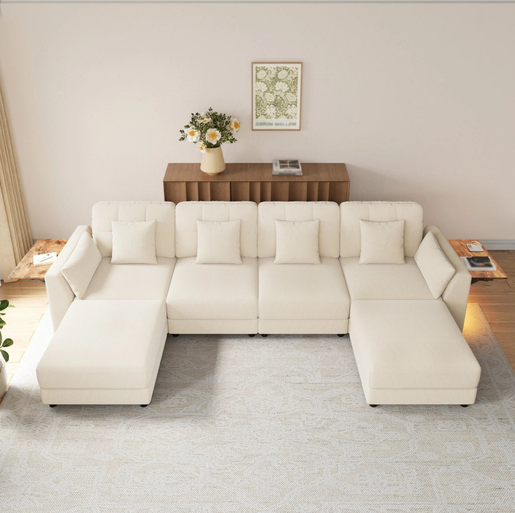 Divano modulare a U/L con 2 pouf; LED e tavolini pieghevoli; ciniglia beige