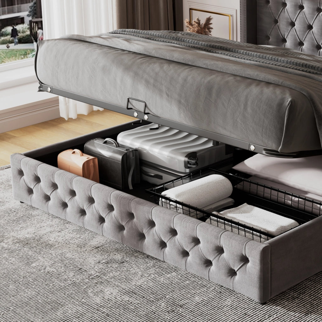 OKWISH Letto Contenitore 140×200 cm, Letto Matrimoniale con Testiera Alta, Imbottitura e Vano Contenitore, senza Materasso, in Velluto, Grigio
