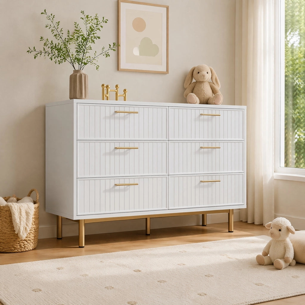 Comò con 6 cassetti moderno 120x40x75 cm in truciolare bianco con base in metallo