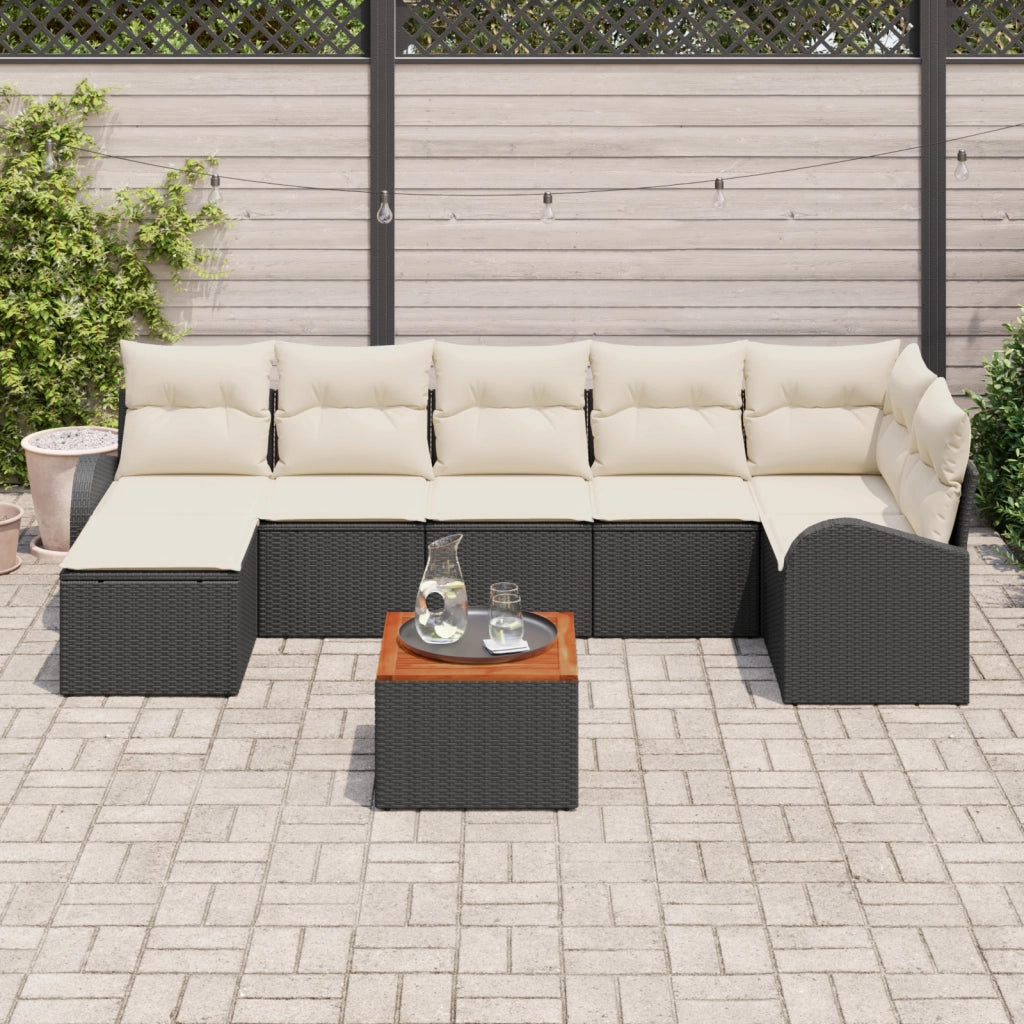 Set Divano da Giardino 8 Pezzi con Cuscini Nero Polyrattan Acacia