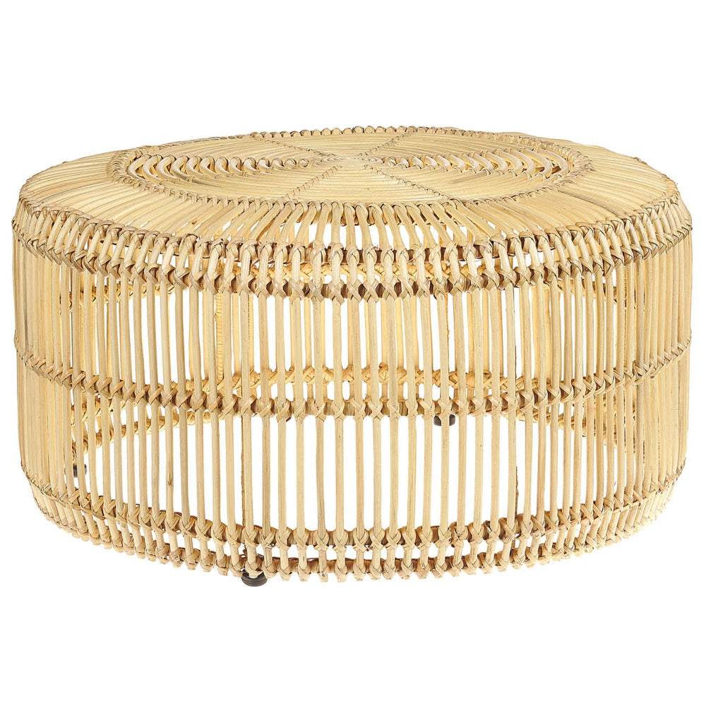 Tavolino da caffè in legno chiaro rattan 84 cm struttura in ferro a forma di tamburo per esterni interni Boho rustico