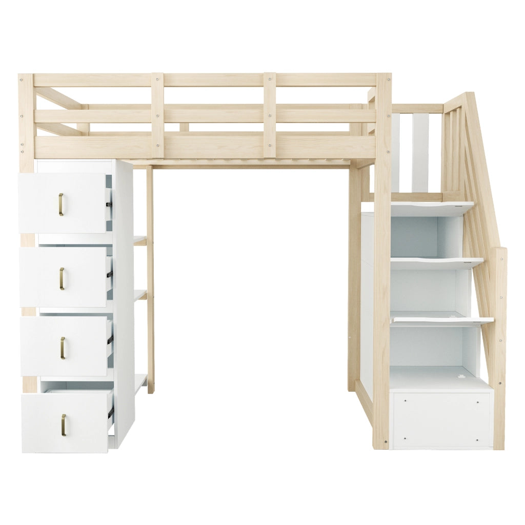 Letto a soppalco 90 x 200 cm, 4 cassetti, mensola, letto per bambini, in MDF, bianco e color legno