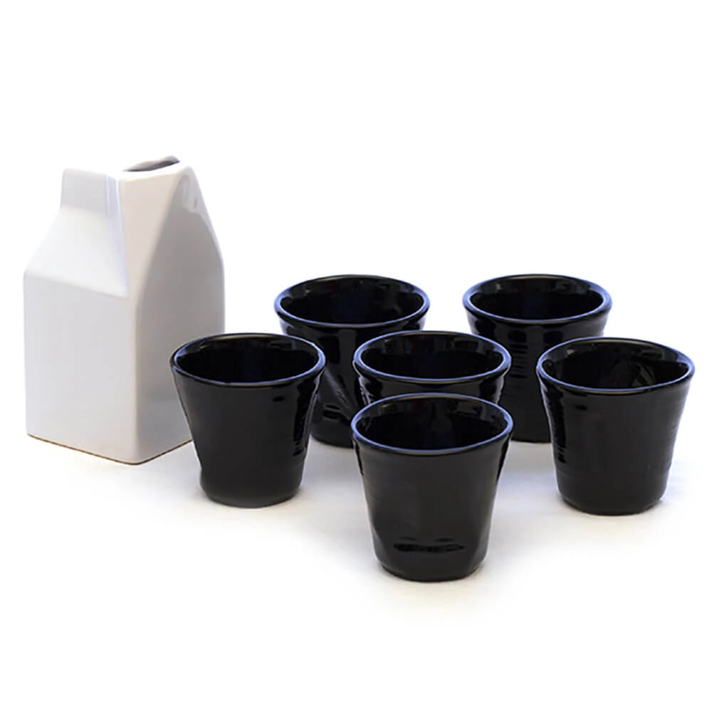 Set 6 Tazzine da caffè Accartocciati Neri con Lattiera Bianca in Gres Kaleidos