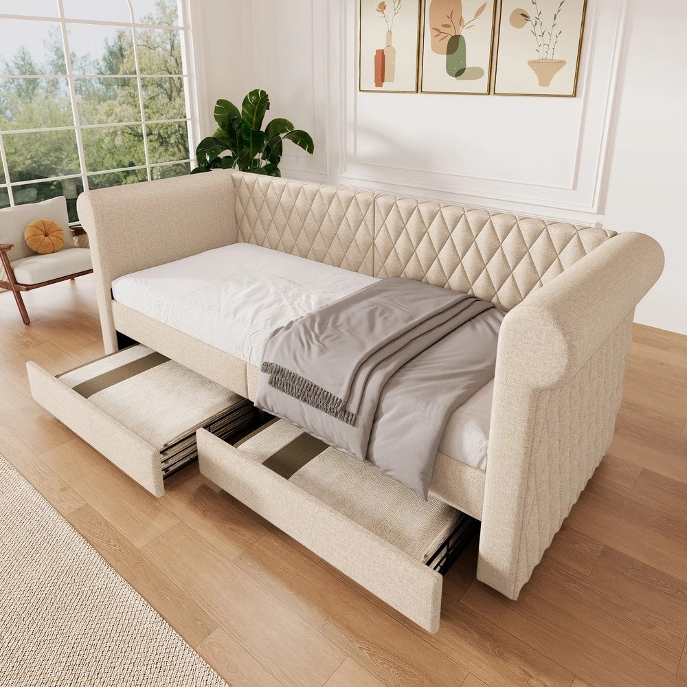 Letto Singolo Imbottito con Cassetti e Rete a Doghe ¨C MINIMAL ¨C Beige, 90x200