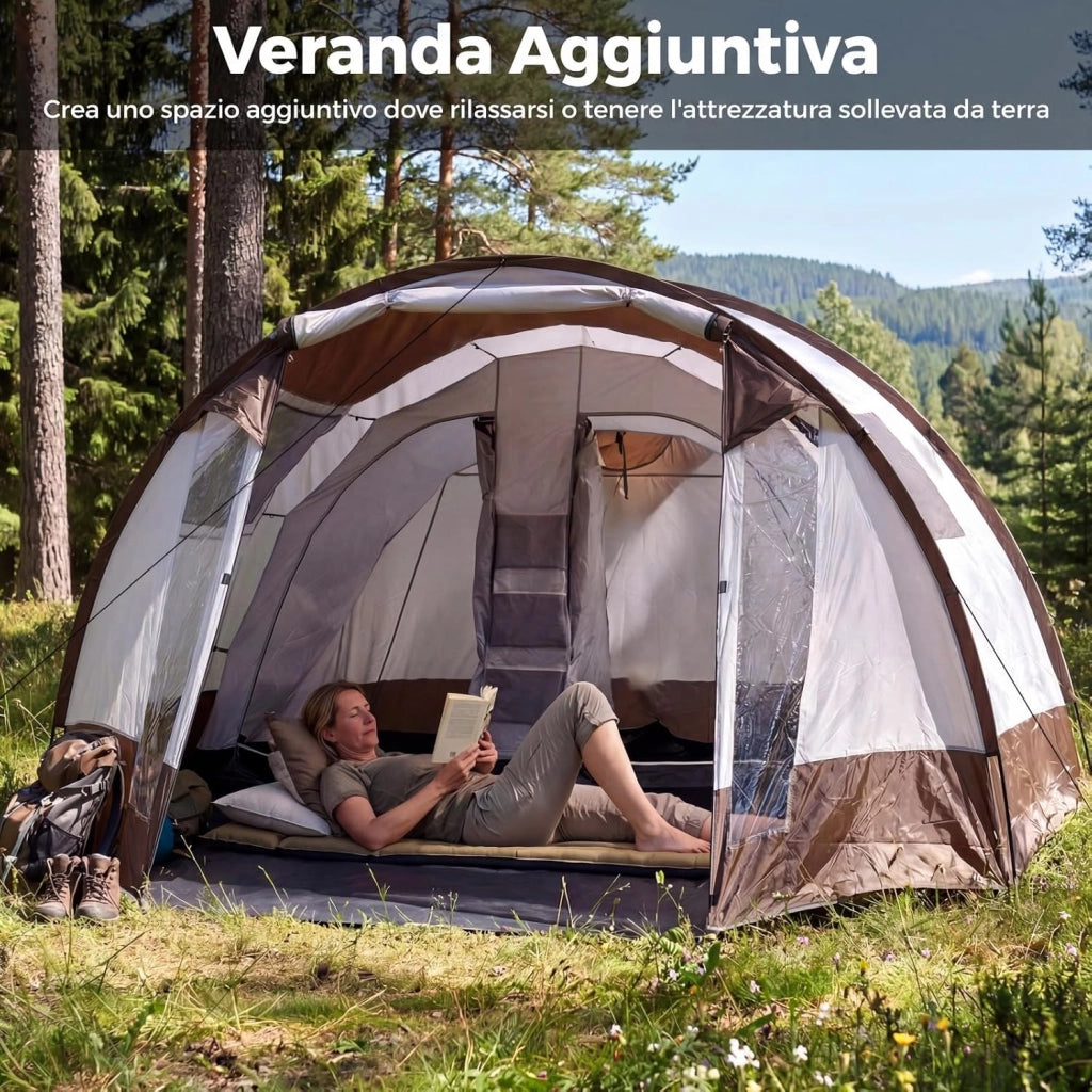 Tenda da Campeggio per 4-6 Persone, Tenda a Tunnel Familiare Impermeabile con 2 Stanze, Finestre Ventilata, Picchetti e Borsa da Trasporto, per Campeggio e Viaggi, 450 x 330 x 202 cm